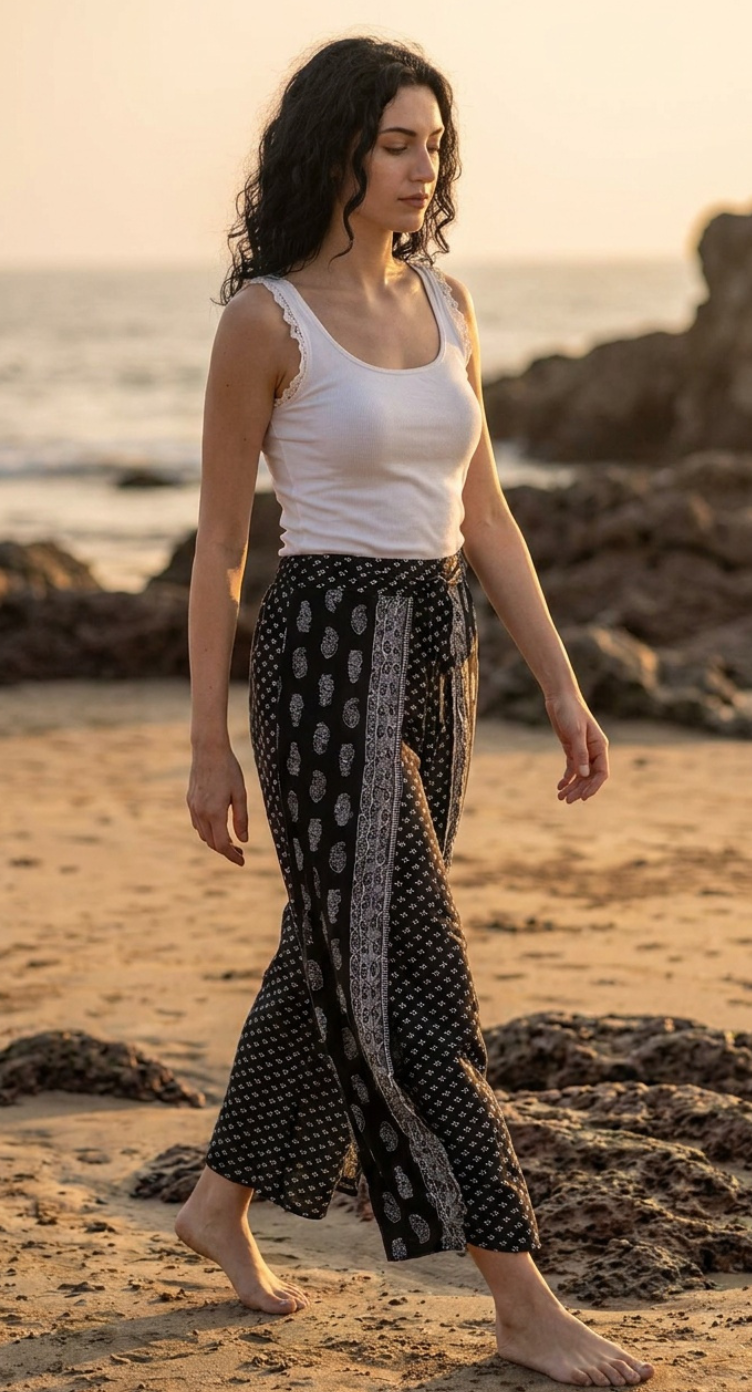 Floral Printed Black Rayon Crepe Bottom Pants For Women - S M L XL