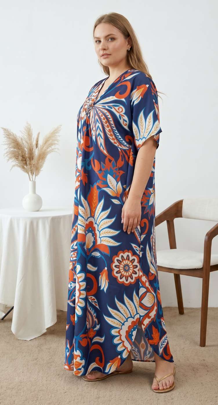 Royal Blue Floral Print Polyester Women Plus Size Kaftan Island Dress 1X-3X