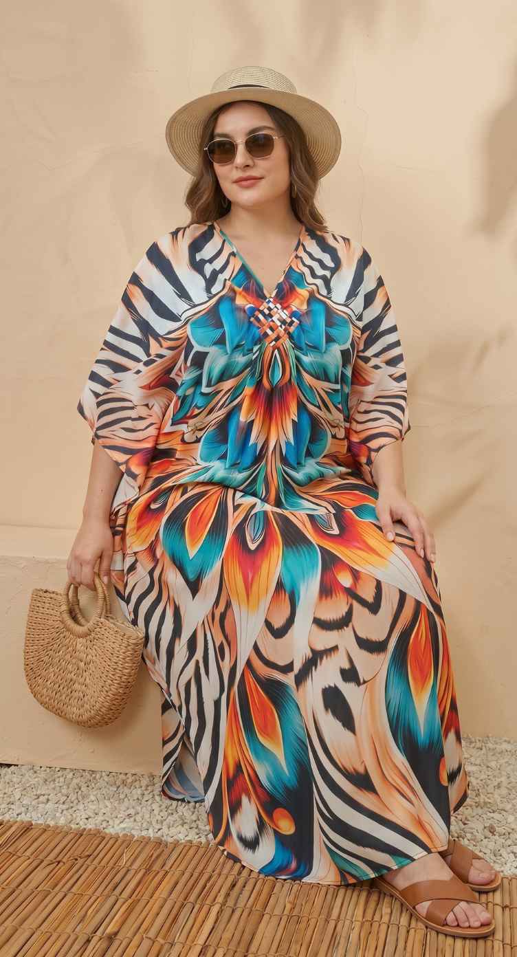 Multicolor Abstract Polyester Women Plus Size Kaftan Brunch Dress 1X-3X