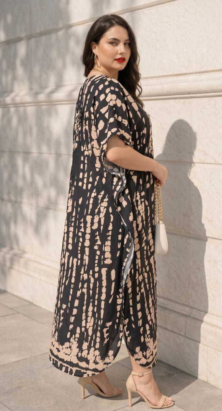 Black Tie Dye Polyester Women Plus Size Kaftan Loungewear Maxi Dress 1X-3X