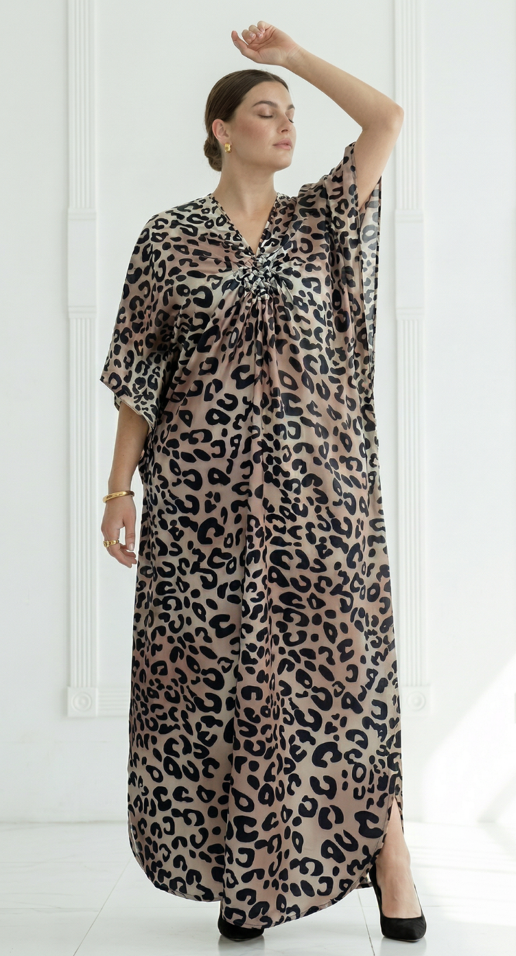 Brown Leopard Polyester Women Plus Size Kaftan Party Dress