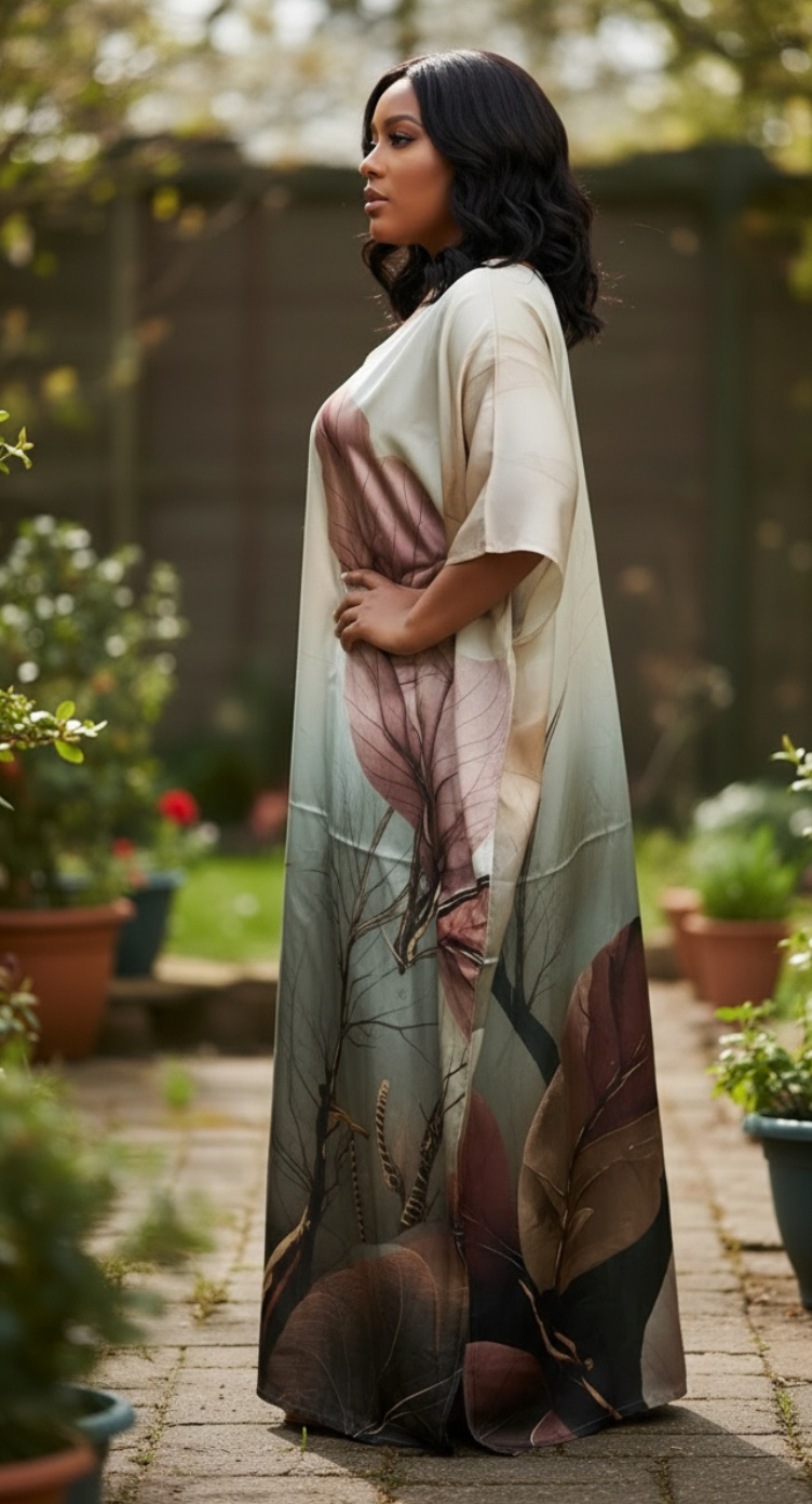 Leaf Cream Satin Silk Caftan Dress for Women Plus Size