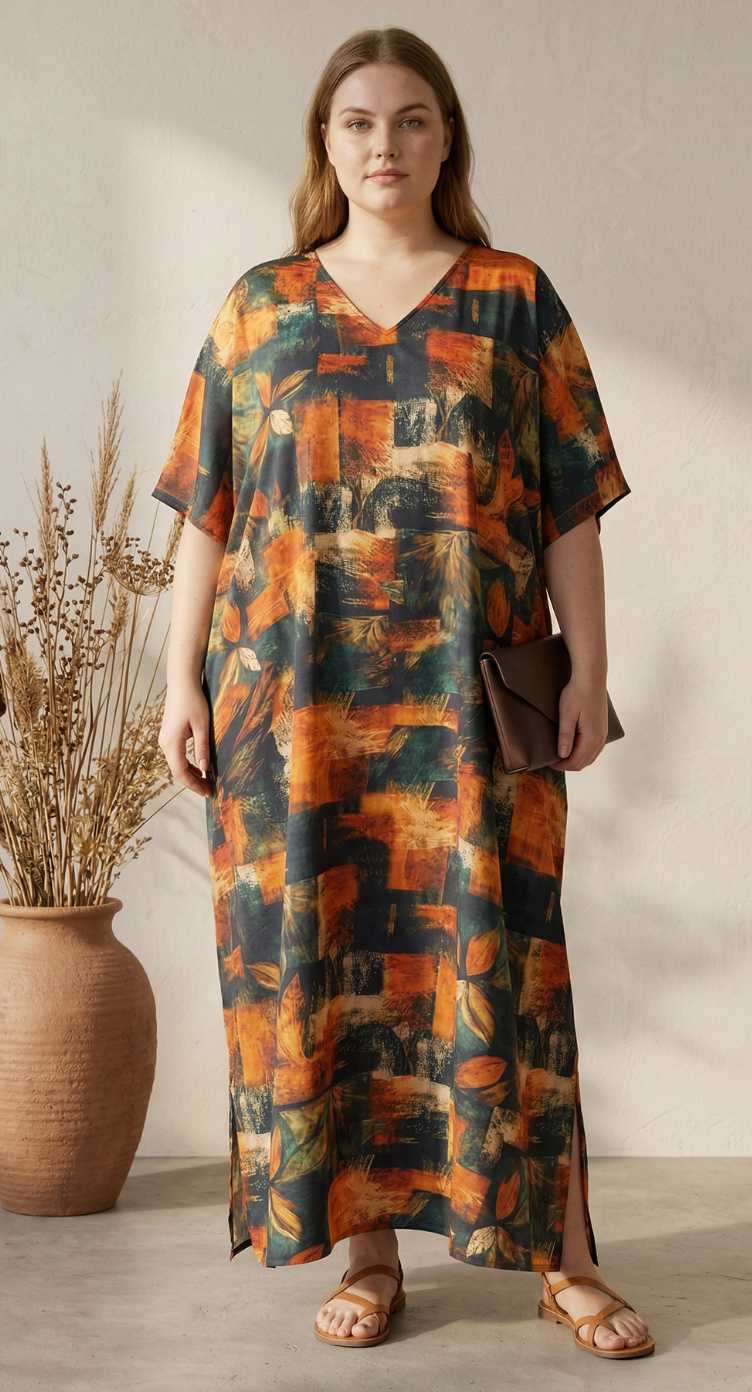 Orange Abstract Print Polyester Women Plus Size Kaftan Boho Maxi Dress 1X-3X