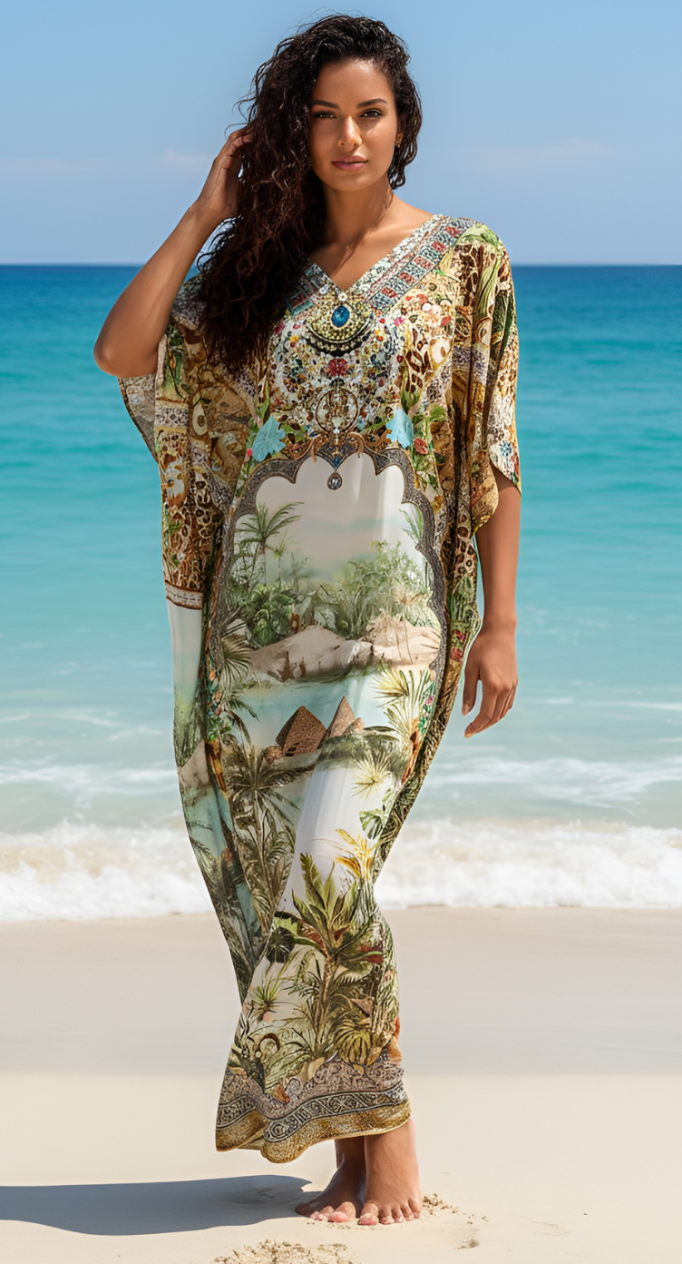 Floral Olive Green Satin Silk Women Plus Size Kaftan Dress