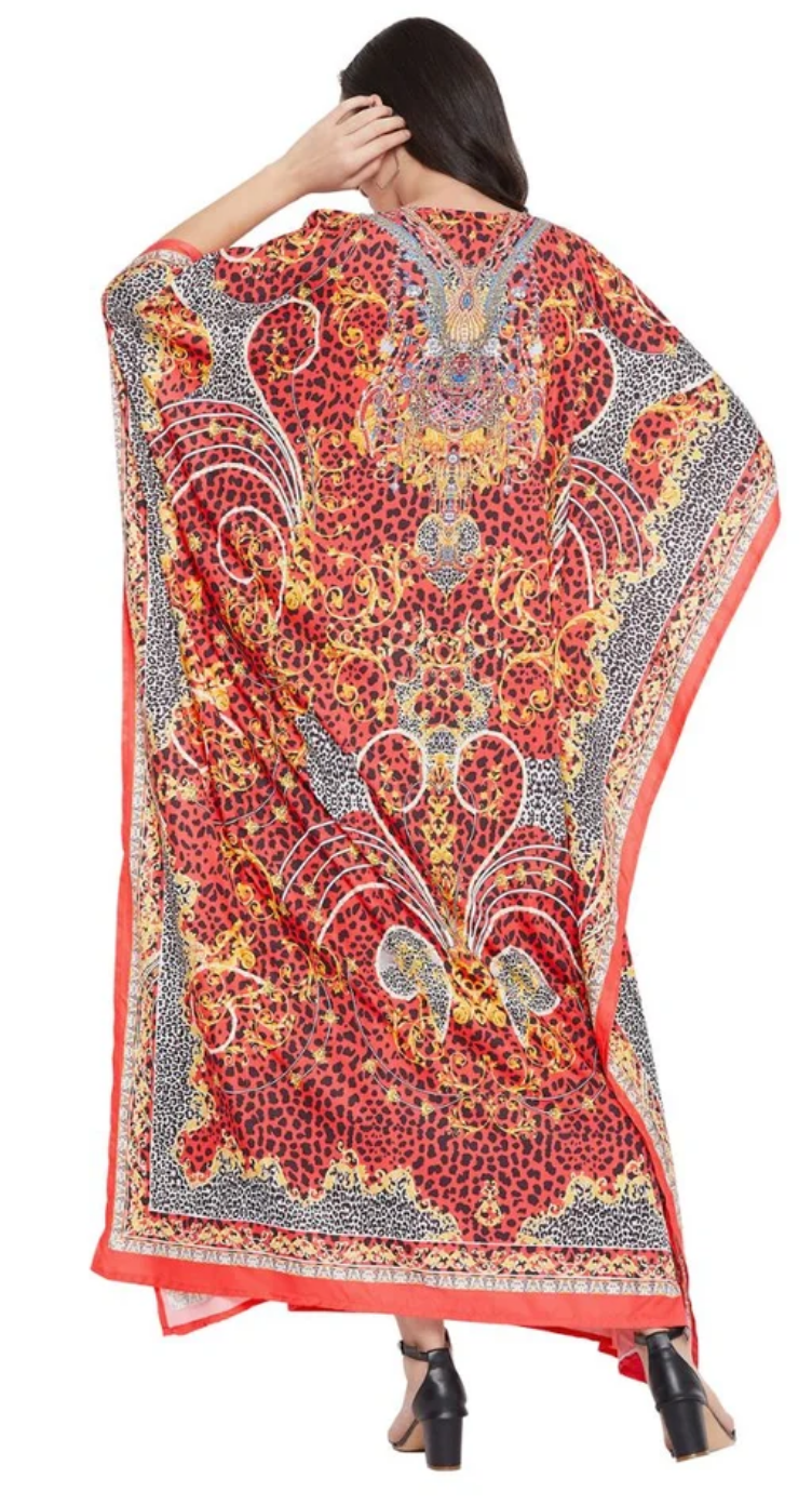 Red Baroque Leopard Polyester Plus Size Kaftan for Women 1X-3X | GypsieBlu