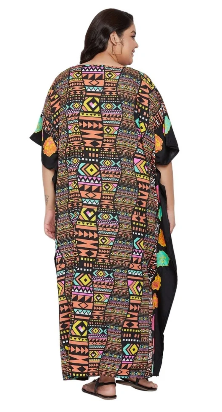 Multicolor Aztec Tribal Rose Border Polyester Plus Size Kaftan for Women 1X-3X | GypsieBlu