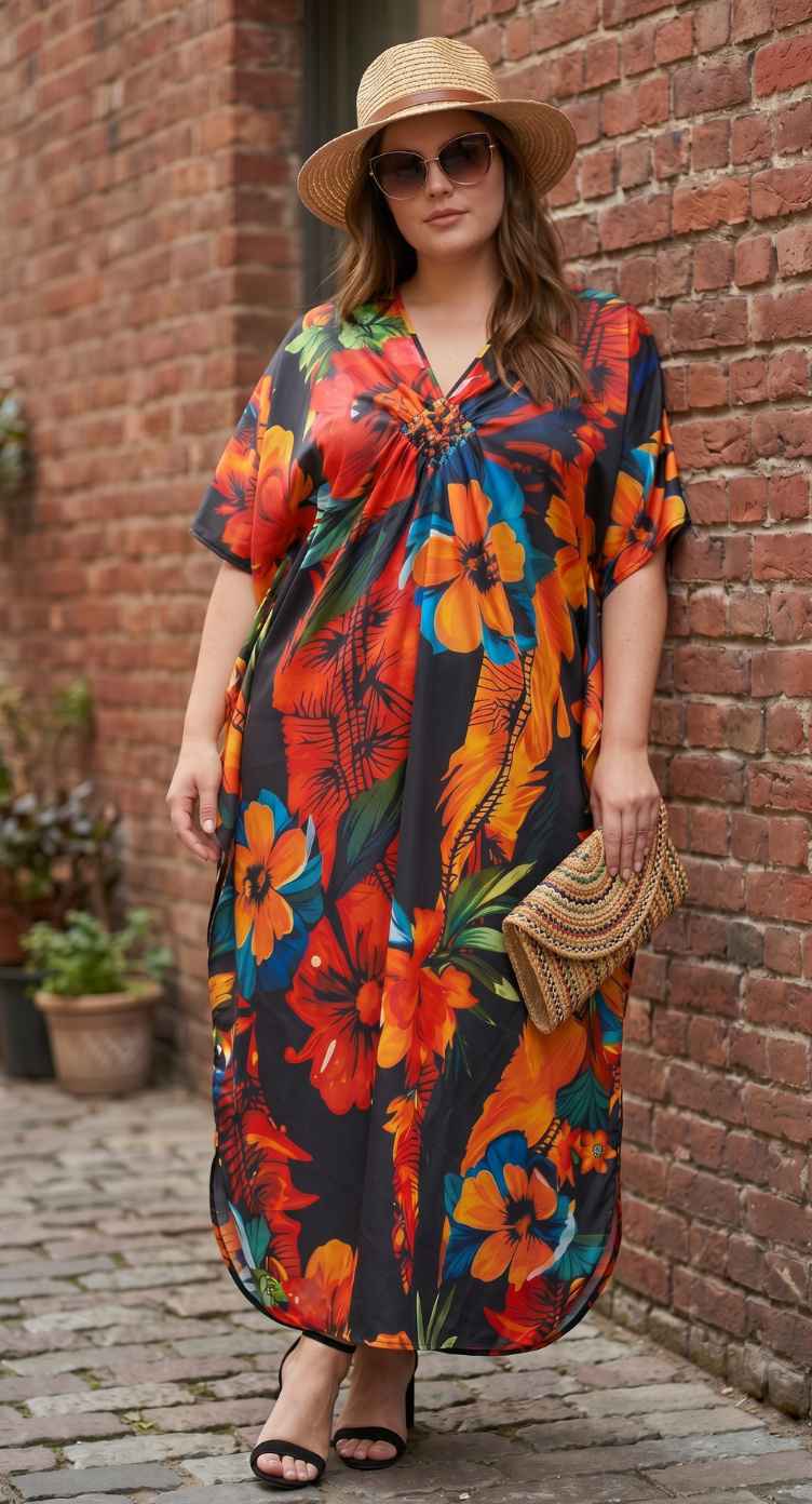 Black Tropical Print Polyester Women Plus Size Kaftan Vacation Dress 1X-3X