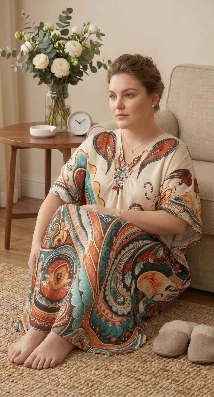 Ivory Paisley Print Polyester Women Plus Size Kaftan Vacation Dress 1X-3X