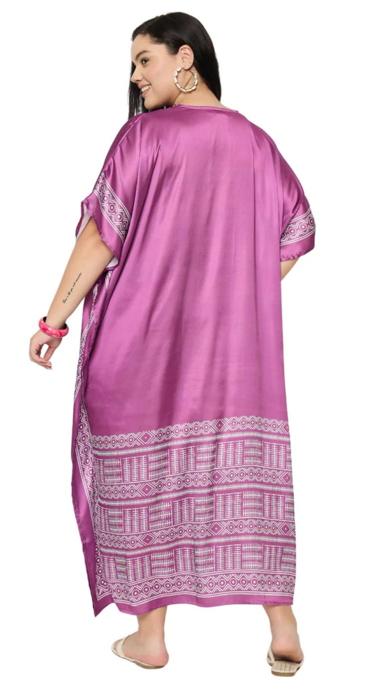 Pinkish Purple Tribal Satin Plus Size Kaftan Dress for Women 1X-3X | GypsieBlu