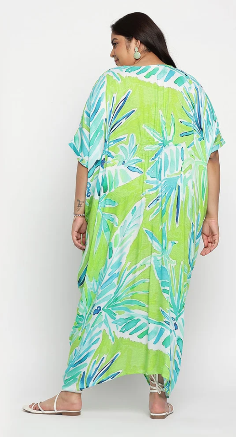 GypsieBlu Green Rayon Plus Size Kaftan for Women 3/4 Sleeve 1X-3X - Painterly Palm Leaf Print