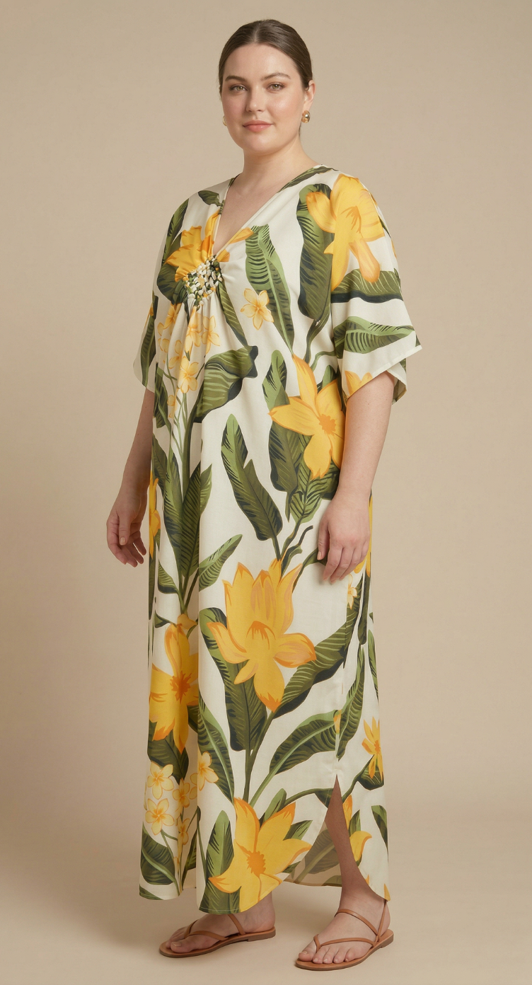 White Leaf Polyester Women Plus Size Kaftan Lounge Dress