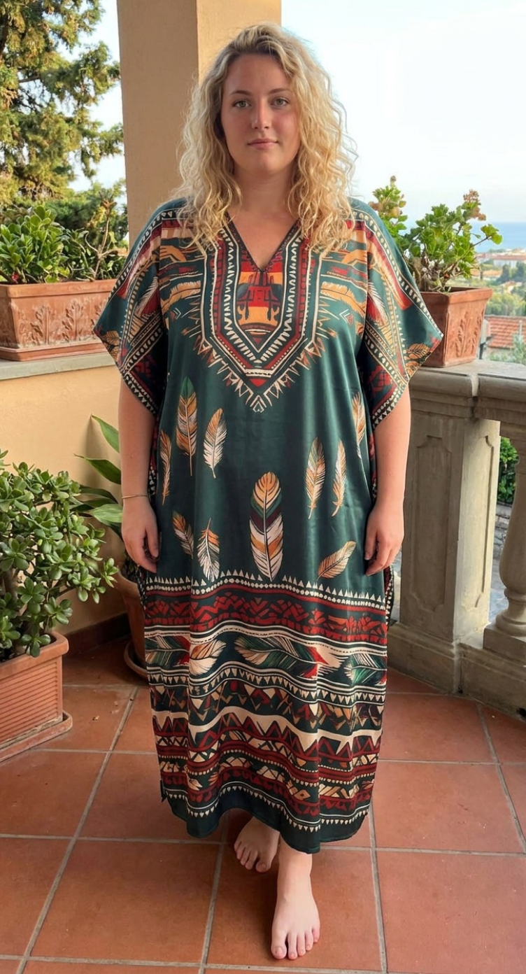 Deep Teal Tribal Satin Women Plus Size Kaftan Cruise Dress