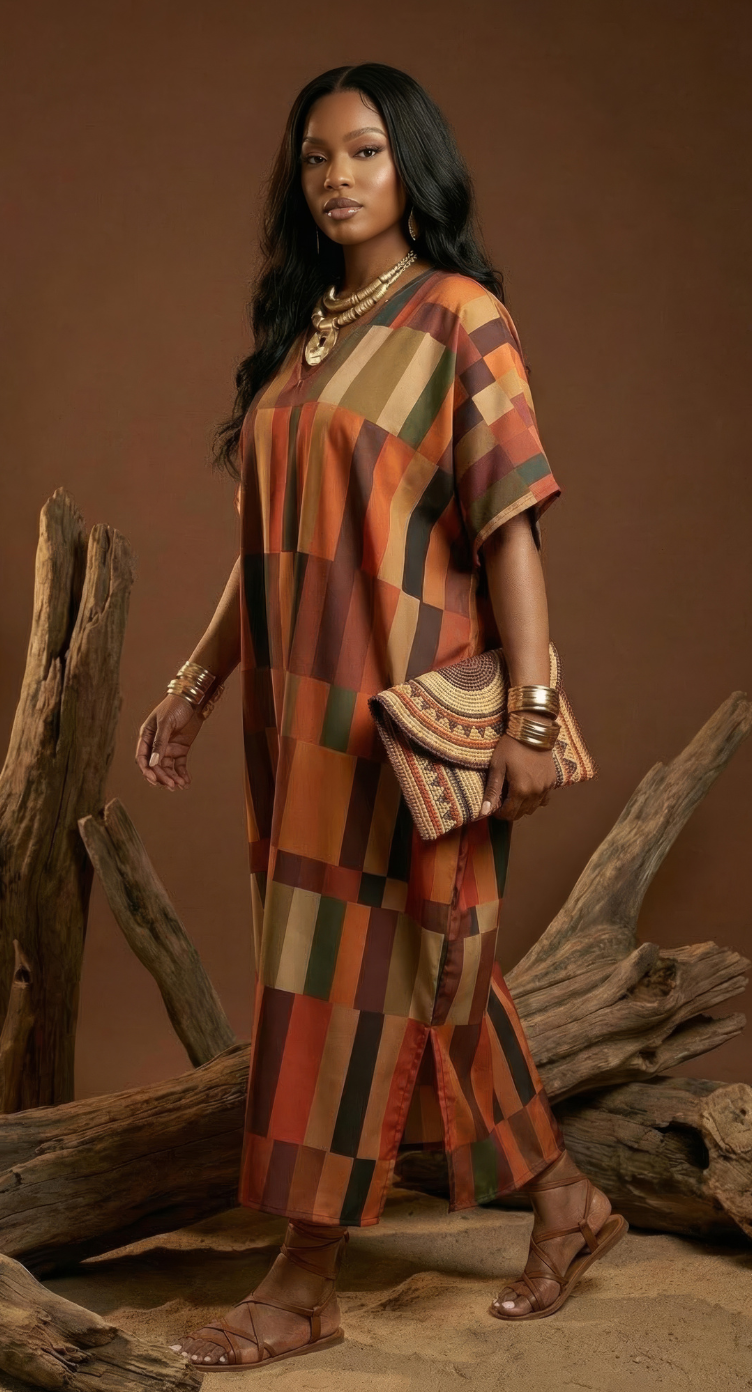 Rust Geometric Polyester Women Plus Size Kaftan Cruise Dress