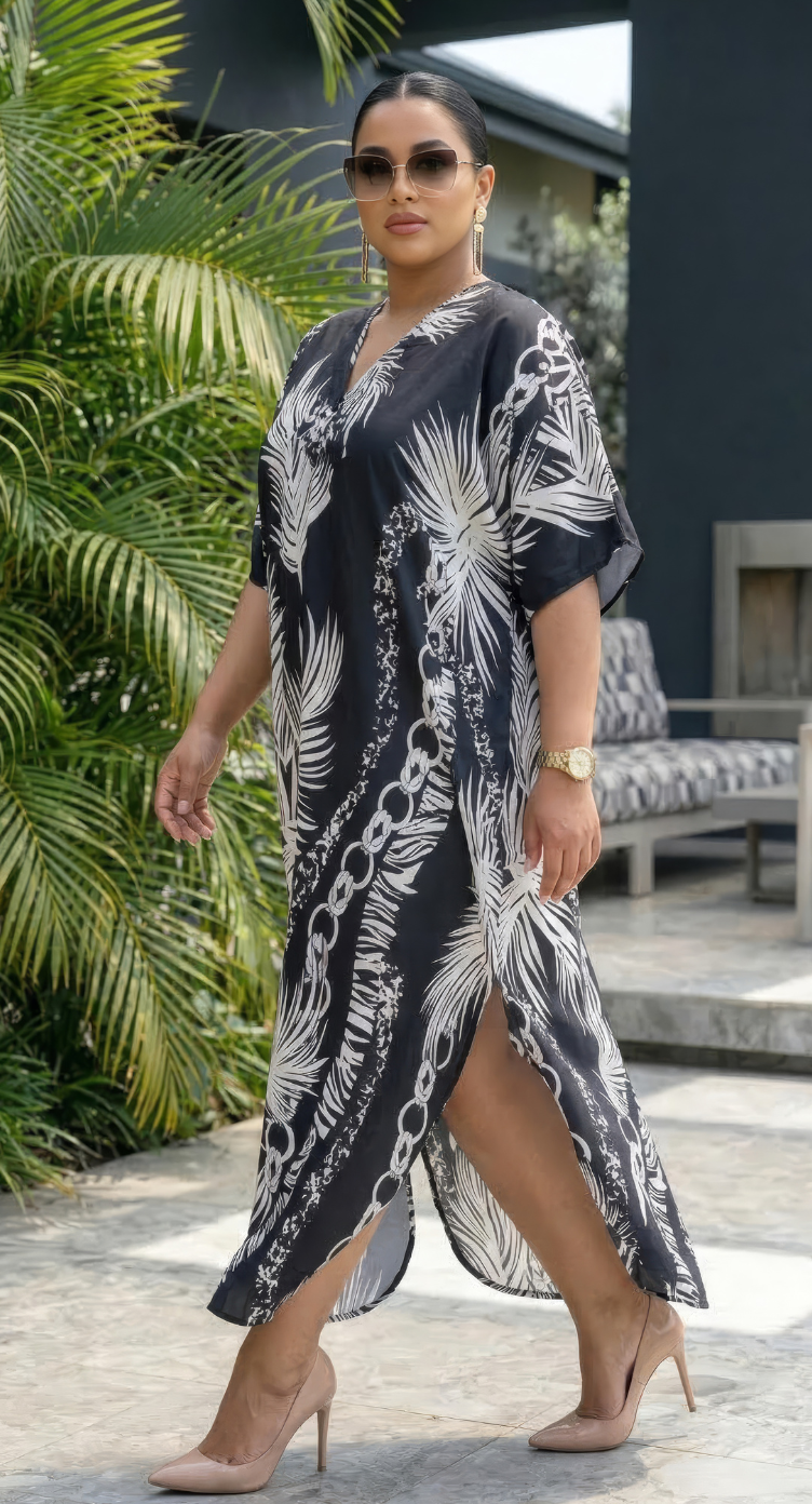 Black and White Tropical Polyester Women Plus Size Kaftan Brunch Dress