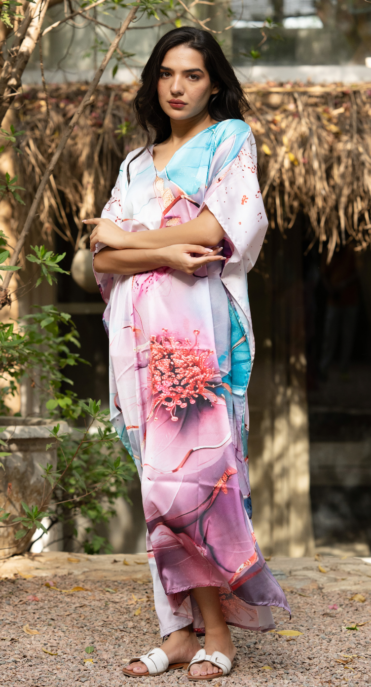 Floral Pastel Lavender Satin Silk Women Plus Size Caftan Dress