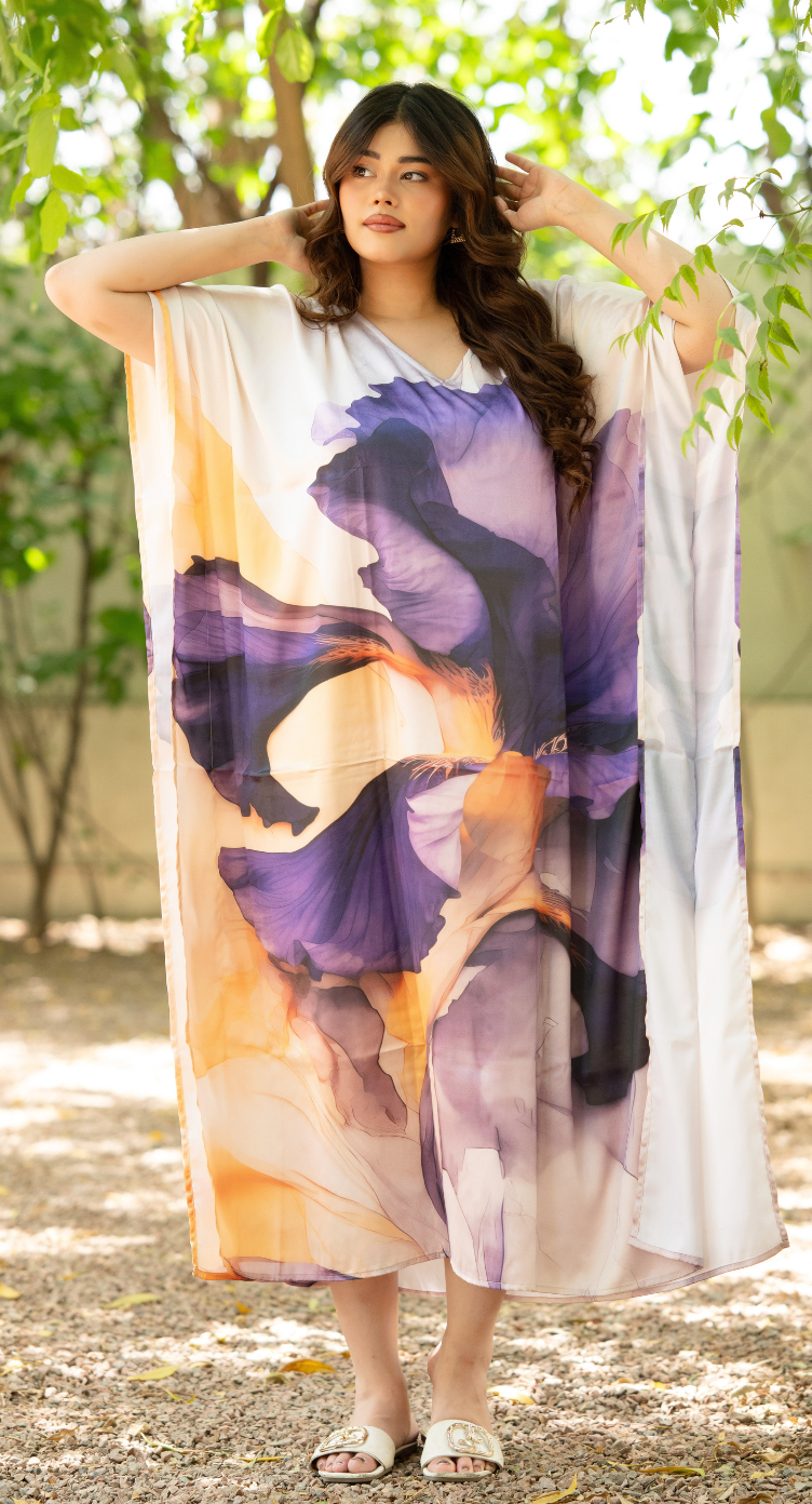 Floral Print Lavender Satin Women Plus Size Kaftan Resort Dress