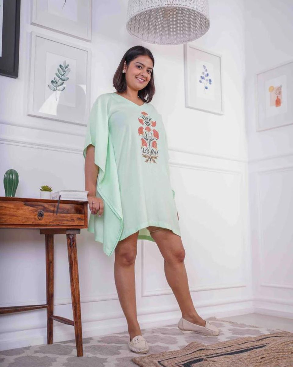 Mint Cotton Blend Kaftan - Flowery Mint