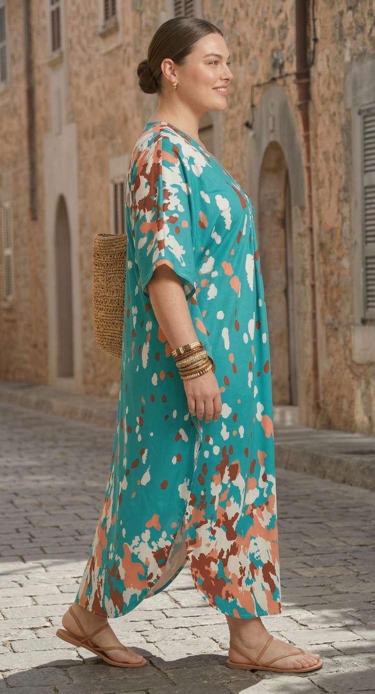 Turquoise Abstract Polyester Women Plus Size Kaftan Lounge Dress 1X-3X