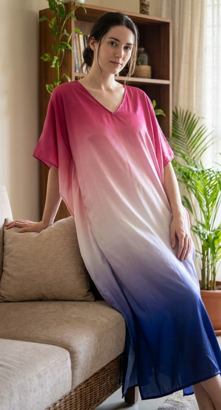 Pink Ombre Satin Women Plus Size Kaftan Vacation Dress