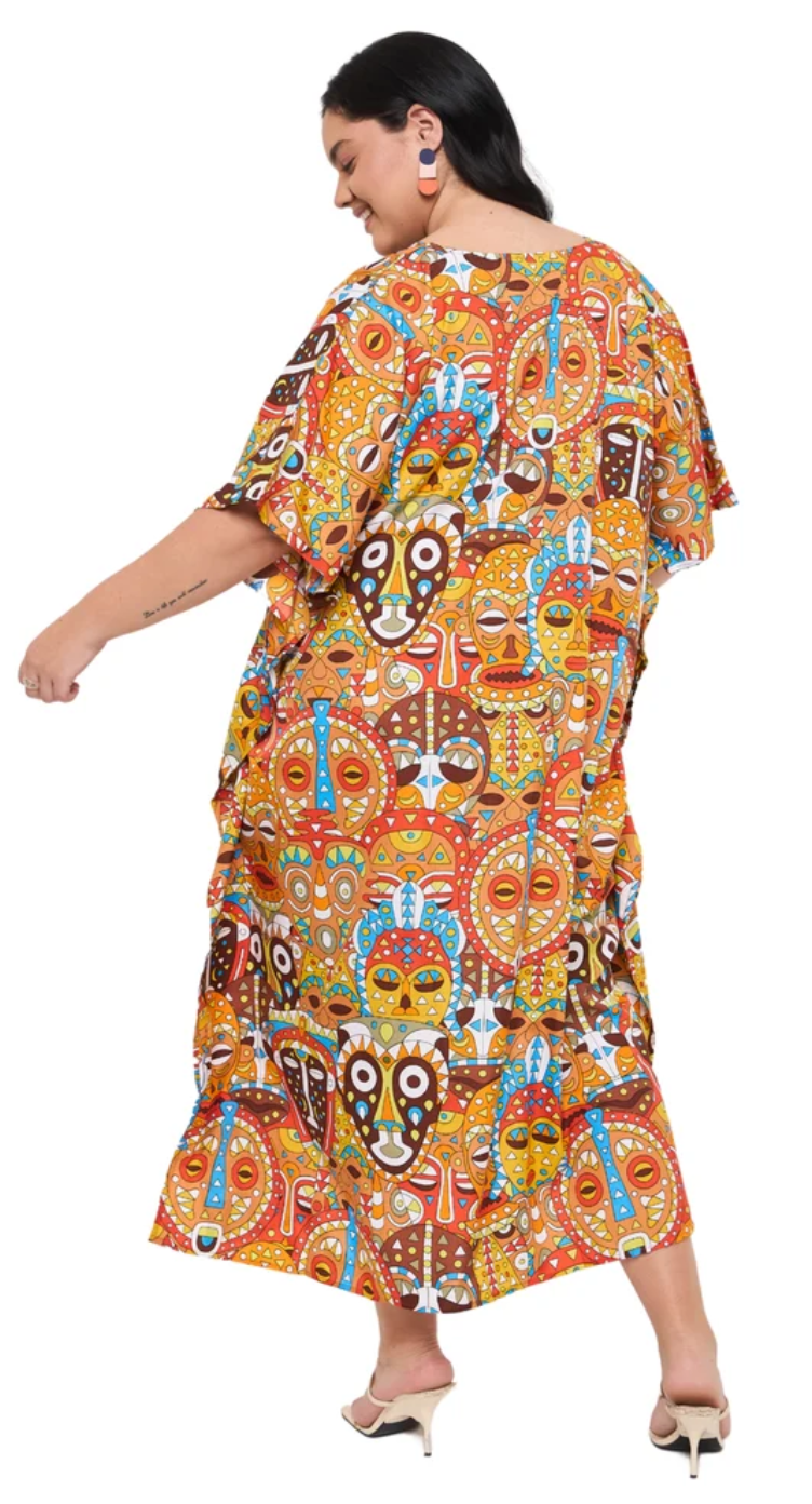 Orange Aztec Polyester Plus Size Kaftan for Women 1X-3X V Neck | GypsieBlu