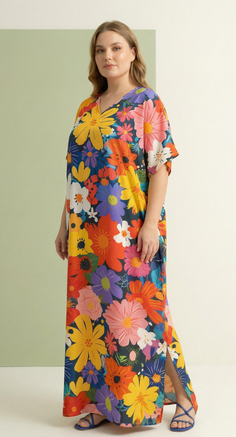 Multicolor Floral Polyester Women Plus Size Kaftan Tropical Dress