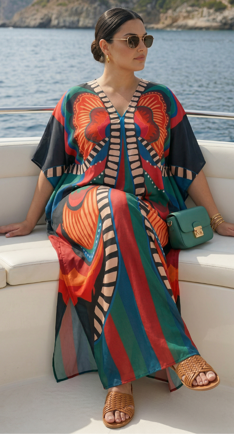 Orange Butterfly Polyester Women Plus Size Kaftan Vacation Dress 1X-3X - SKU KT52-1003 - Gypsie Blu