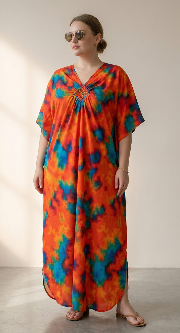 Orange Tie Dye Polyester Women Plus Size Kaftan Festival Dress 1X-3X