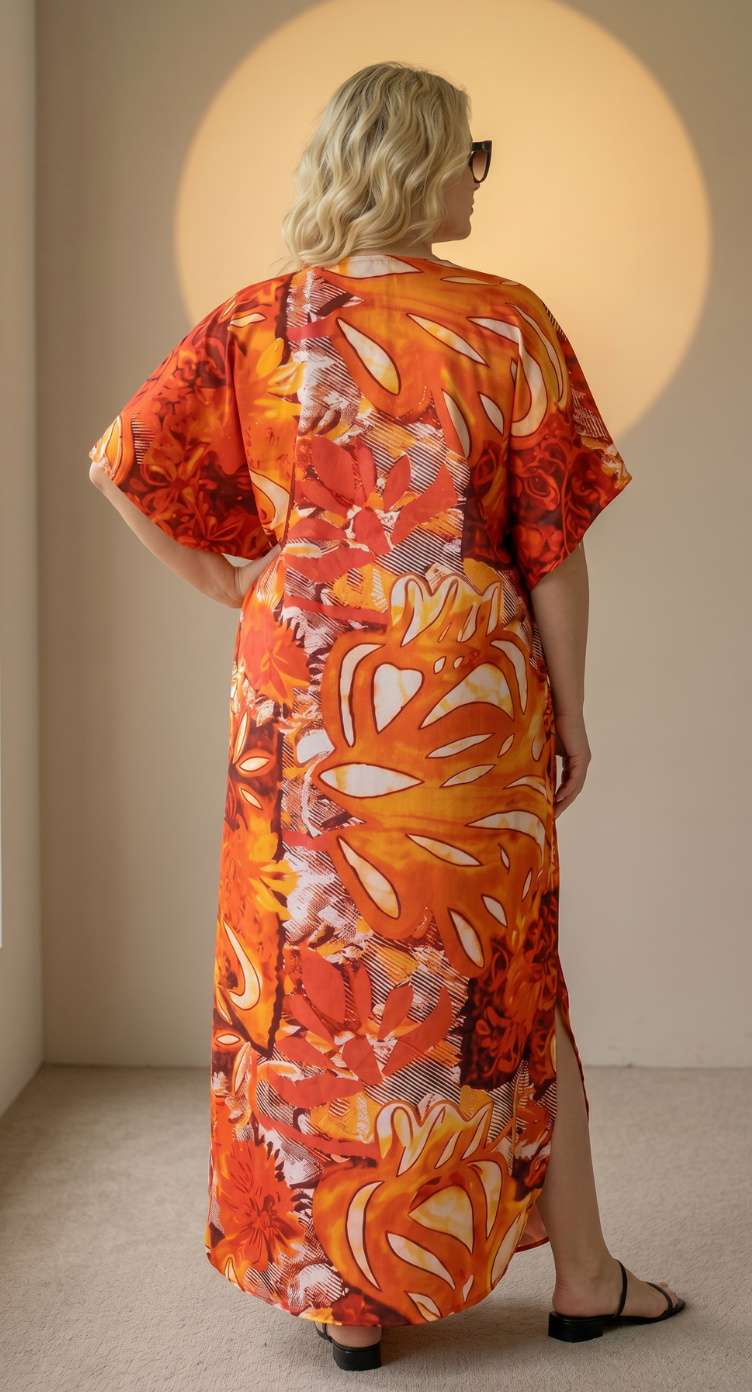 Rust Orange Tropical Print Polyester Women Plus Size Kaftan Tropical Maxi Dress 1X-3X