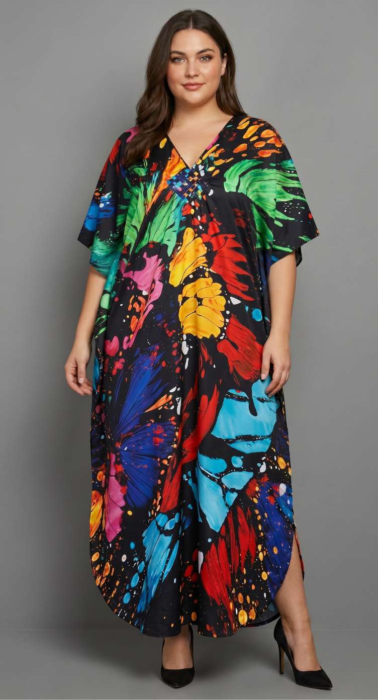 Black Butterfly Polyester Women Plus Size Kaftan Elegant Dress 1X-3X