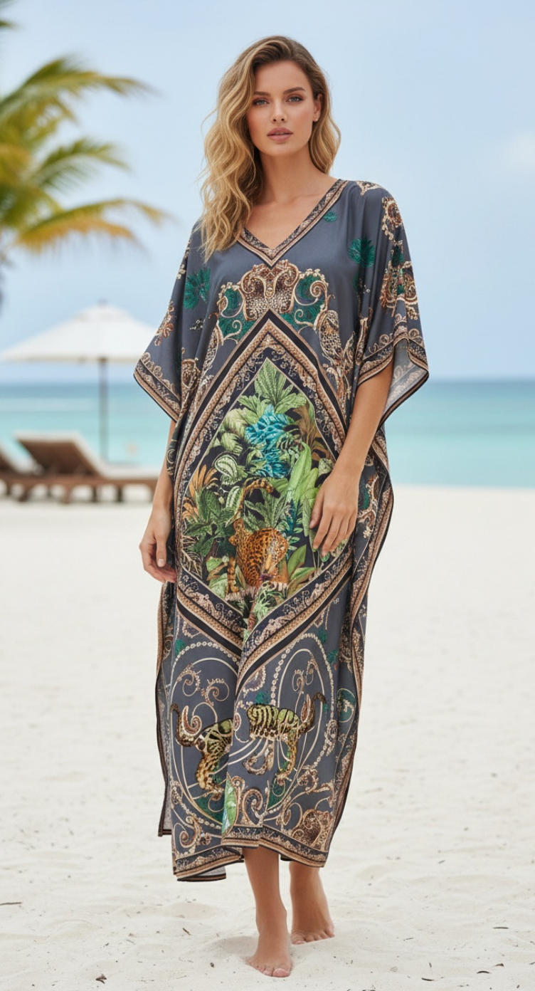 Animal Printed Gray Polyester Kaftan For Plus Size Women