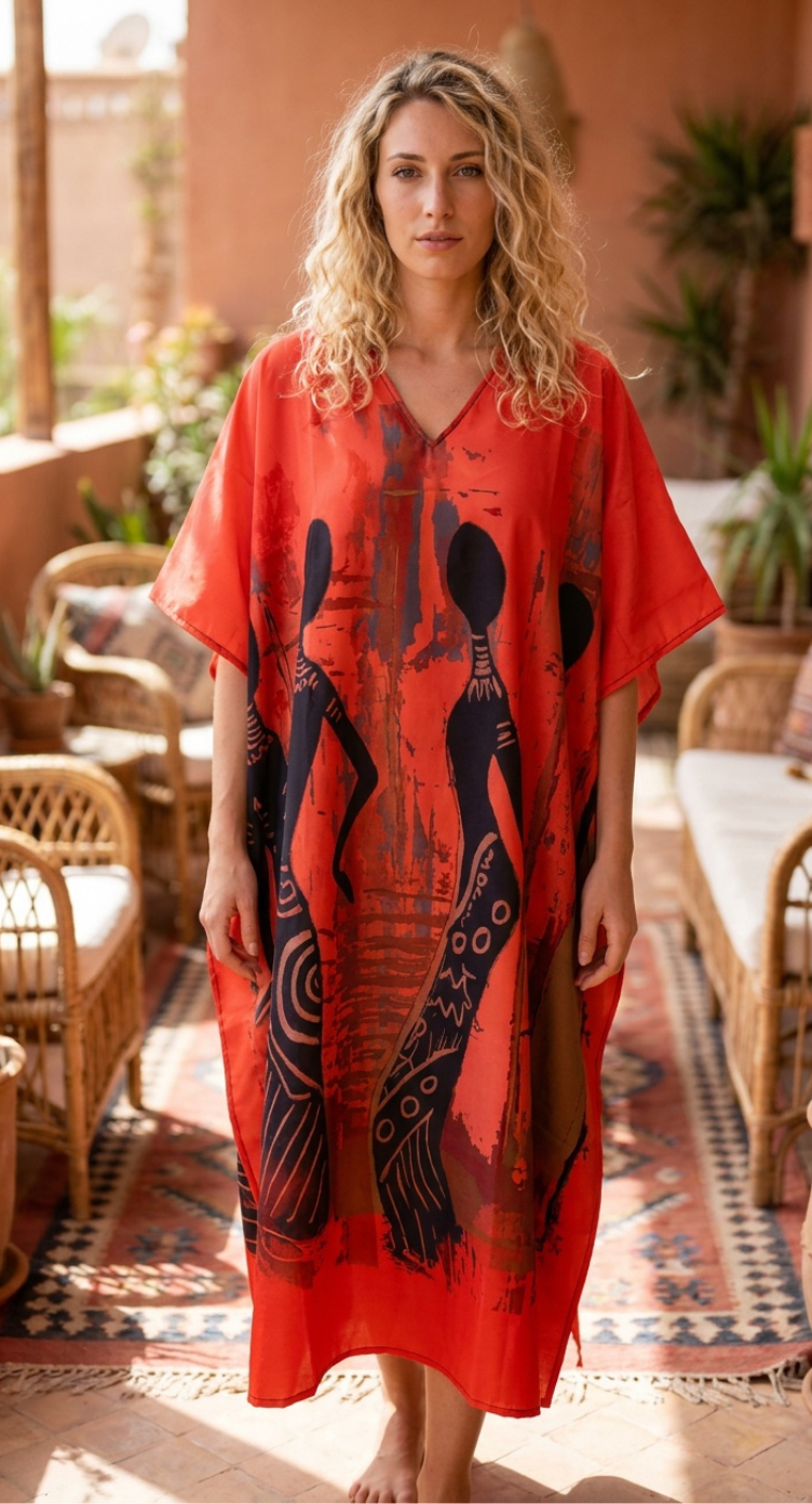 Red Tribal Polyester Women Plus Size Kaftan Evening Dress