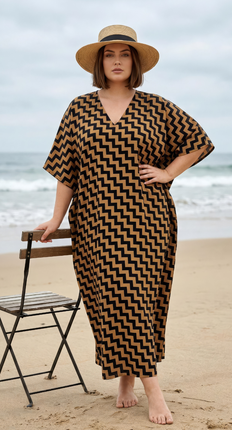 Brown Chevron Polyester Women Plus Size Kaftan Resort Dress