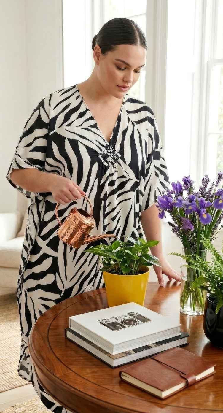 Black Leaf Polyester Women Plus Size Kaftan Evening Dress 1X-3X