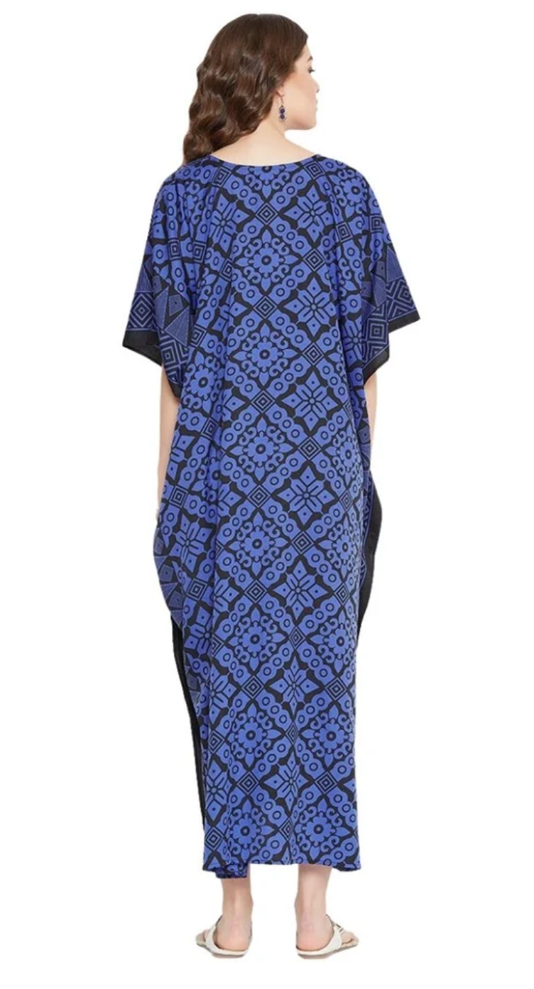 Blue Geometric Batik Polyester Plus Size Kaftan for Women 1X-3X | GypsieBlu