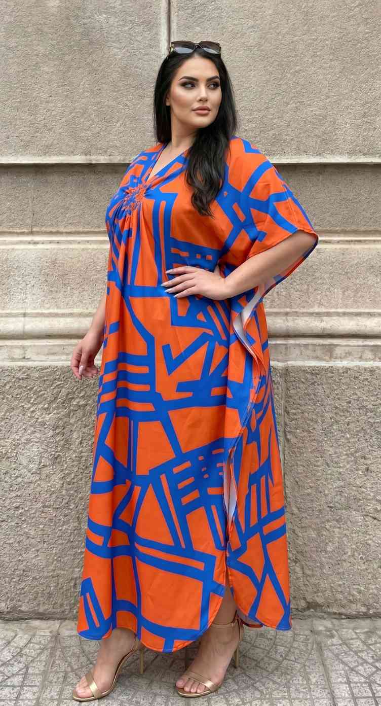 Bright Orange Geometric Print Polyester Women Plus Size Kaftan Holiday Dress 1X-3X