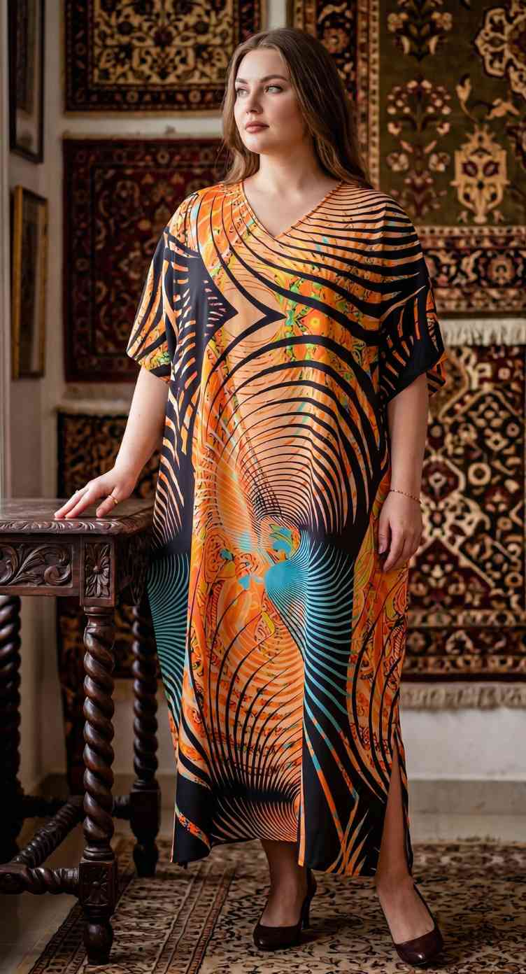 Orange Abstract Print Polyester Women Plus Size Kaftan Summer Maxi Dress 1X-3X