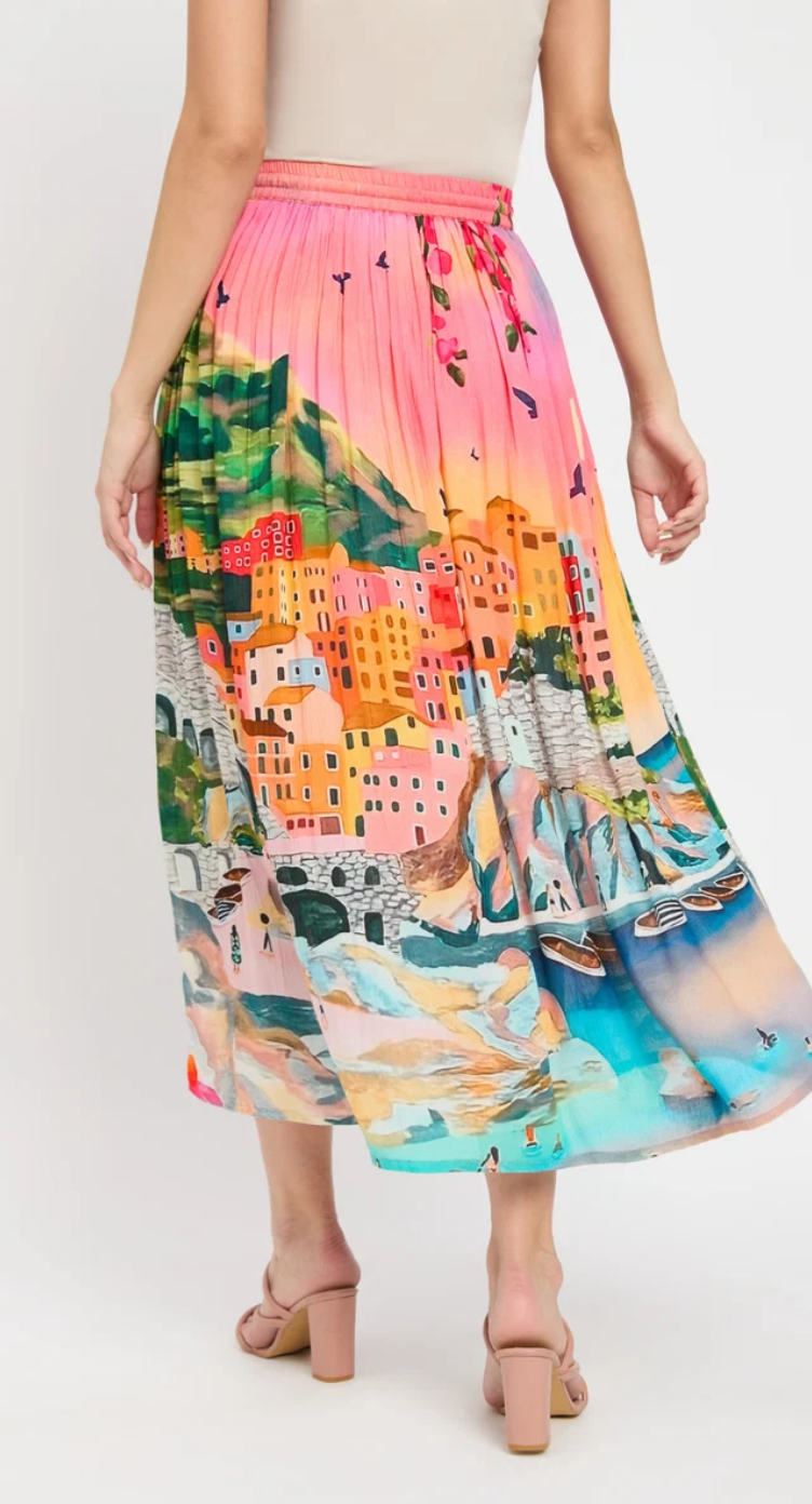 Pink Multicolor Coastal Village Rayon Skirt for Women S-XL | GypsieBlu