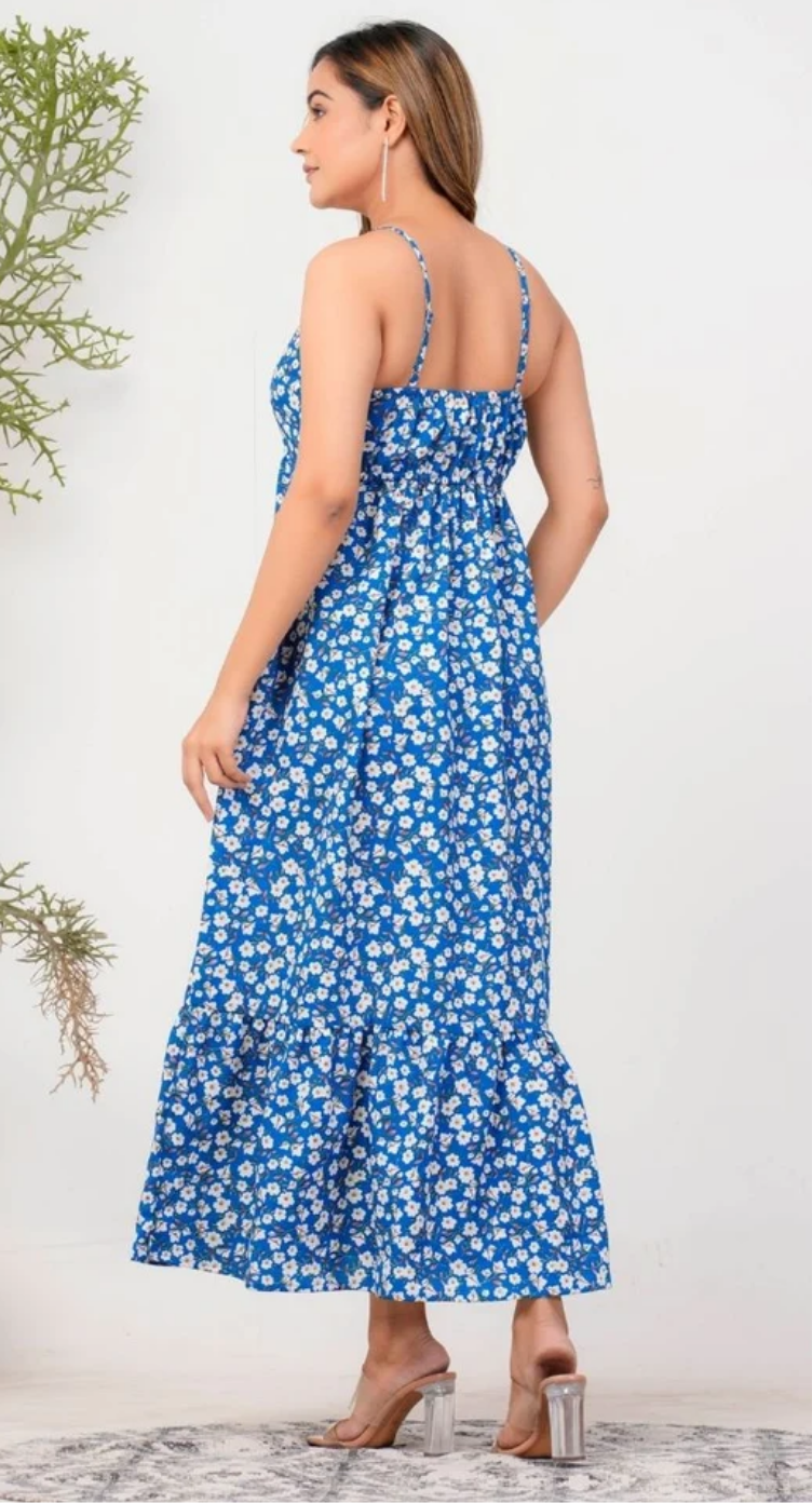 Azure Blue Floral Polyester Maxi Dress for Women S-XL | GypsieBlu