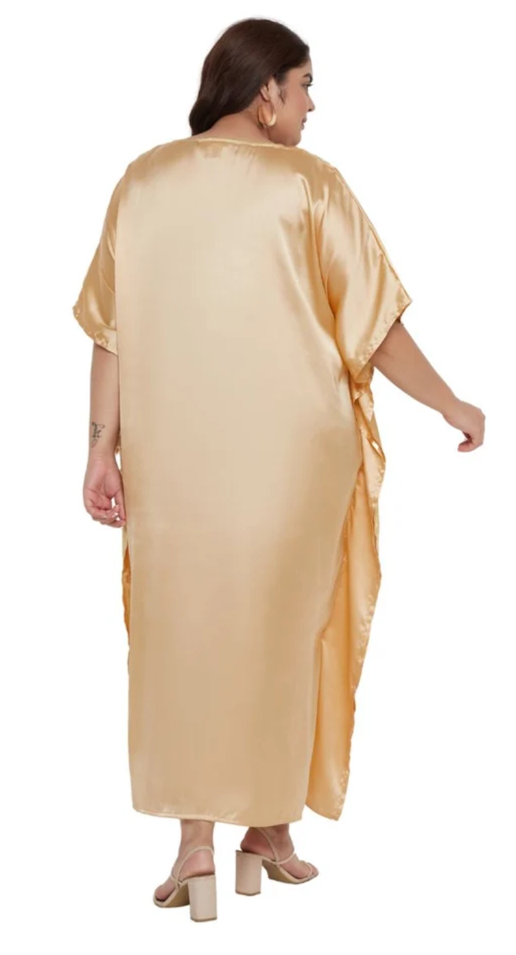 Beige Embroidered Satin Plus Size Kaftan Dress for Women 1X-3X V Neck | GypsieBlu