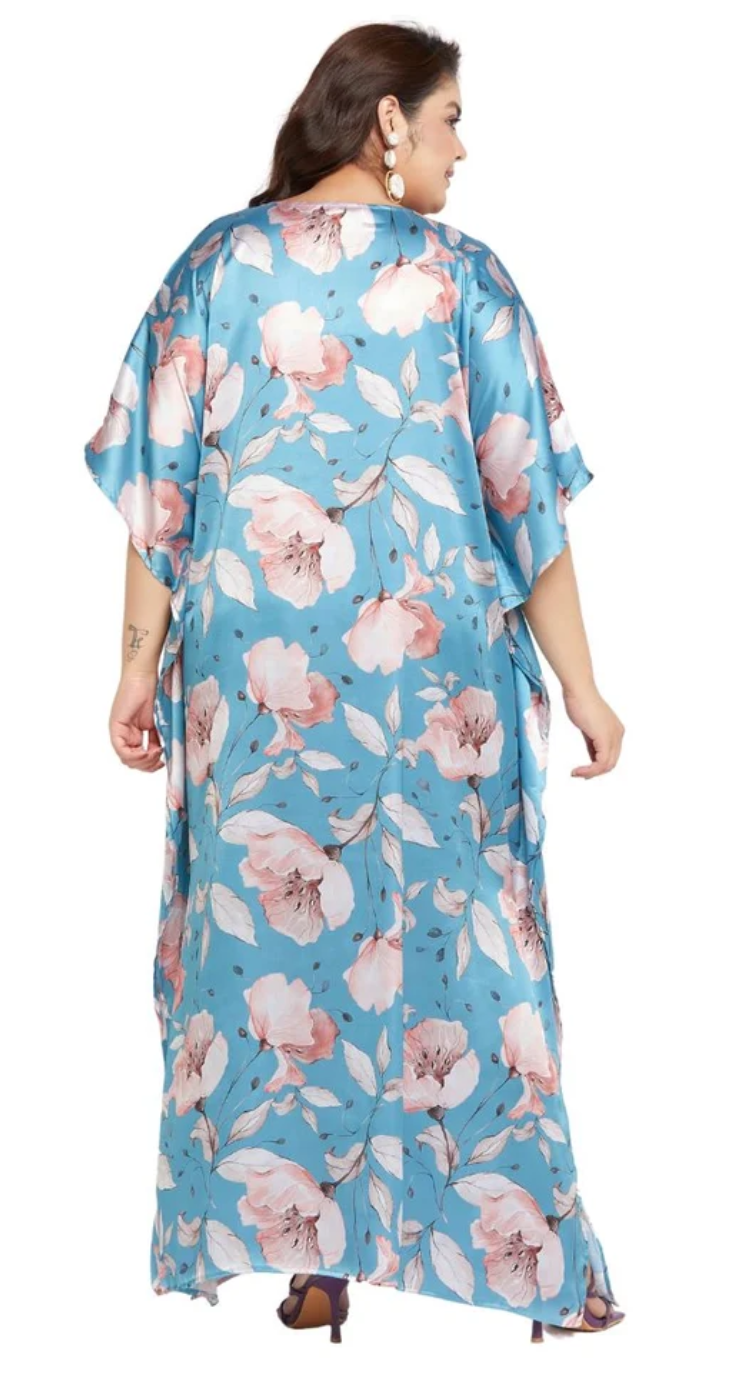 Pastel Blue Floral Rose Leaf Satin Plus Size Kaftan Dress for Women 1X-3X V Neck | GypsieBlu