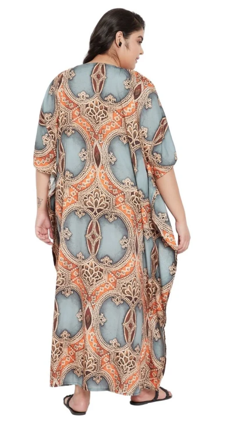 Light Grey Ornate Damask Polyester Plus Size Kaftan for Women 1X-3X | GypsieBlu