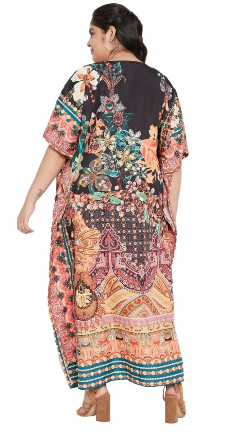 Black Floral Paisley Polyester Plus Size Kaftan for Women 1X-3X | GypsieBlu