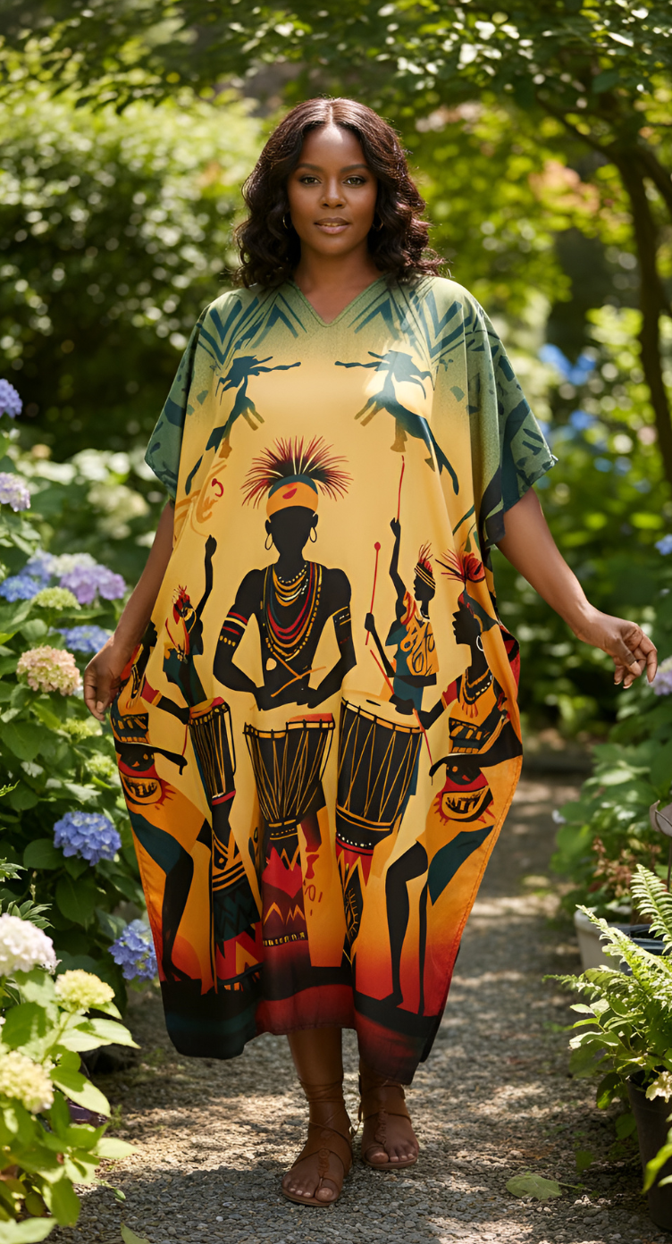 Yellow Tribal Women Plus Size Kaftan Nightgown Dress