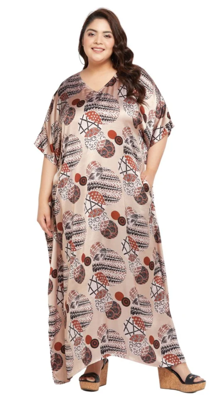 Beige Pebble-Print Geometric Satin Plus Size Kaftan Dress for Women 1X-3X V Neck | GypsieBlu