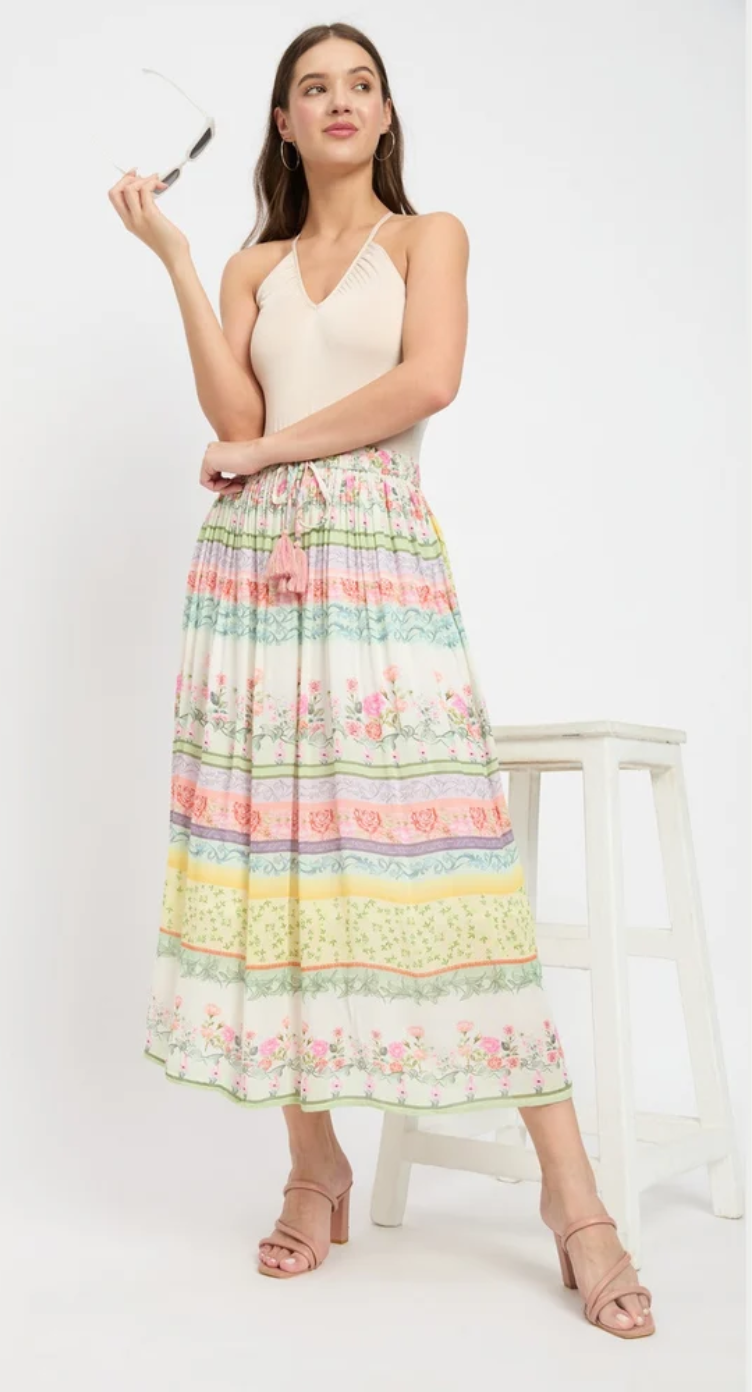 Multicolor Striped Floral Border Rayon Skirt for Women S-XL | GypsieBlu