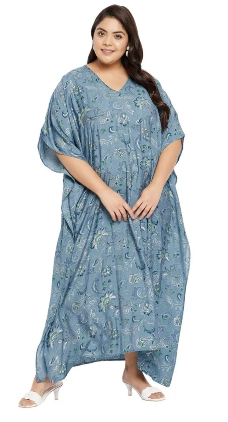 Blue Floral Paisley Vine Cotton Plus Size Kaftan Dress for Women 1X-3X 3/4 Sleeve | GypsieBlu