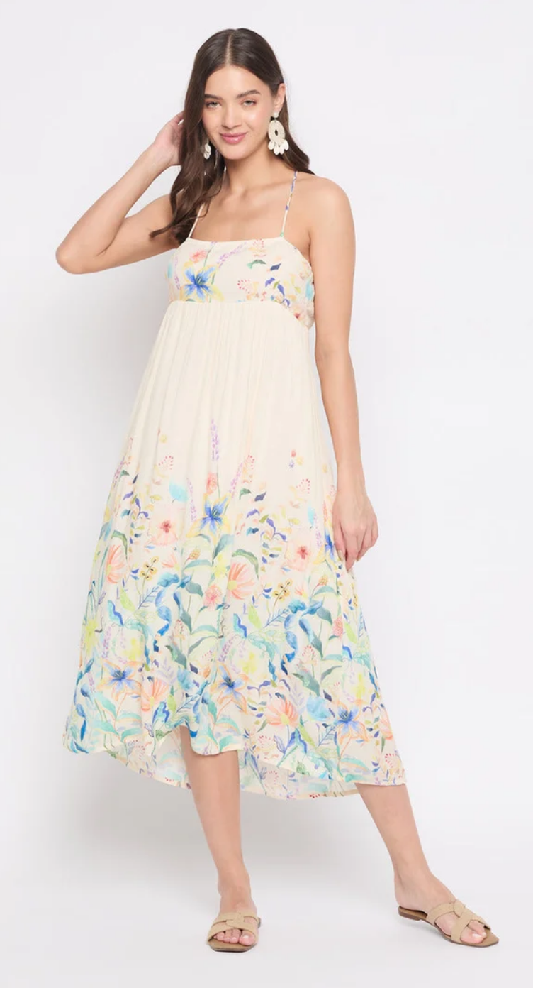 White Floral Rayon Midi Dress for Women S-XL Sleeveless | GypsieBlu