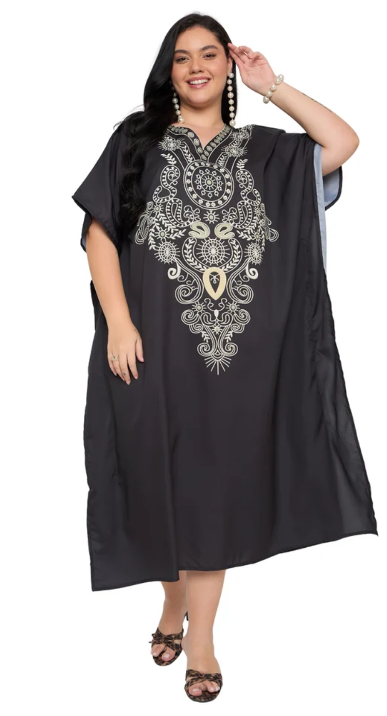 Black Paisley Polyester Plus Size Kaftan for Women 1X-3X | GypsieBlu