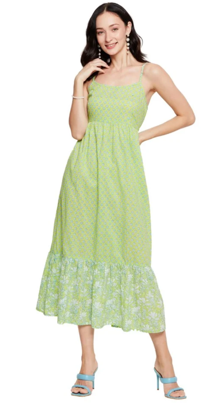 Neon Green Floral Cotton Dress for Women S-XL Sleeveless | GypsieBlu