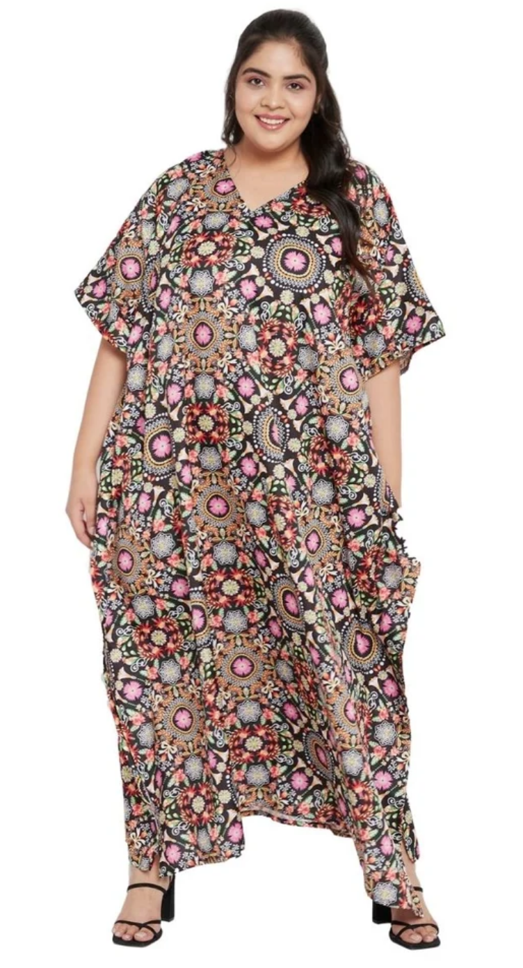 Multicolor Floral Medallion Kaleidoscope Polyester Plus Size Kaftan for Women 1X-3X | GypsieBlu
